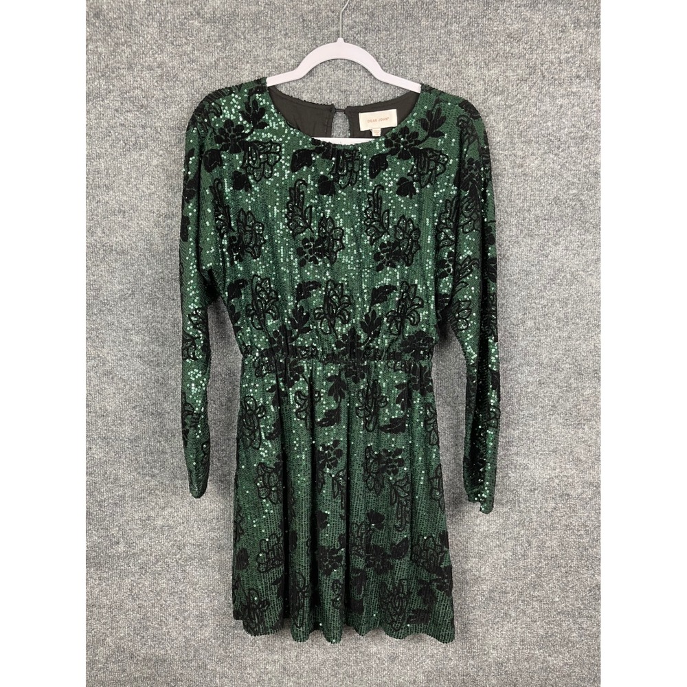 Dear John Sequin Mini Dress Womens XS Green Excellent Velvet Floral Long Sleeve